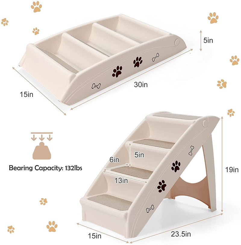 Collapsible Plastic Pet Stairs 4 Step Ladder for Small Dog and Cats-Beige