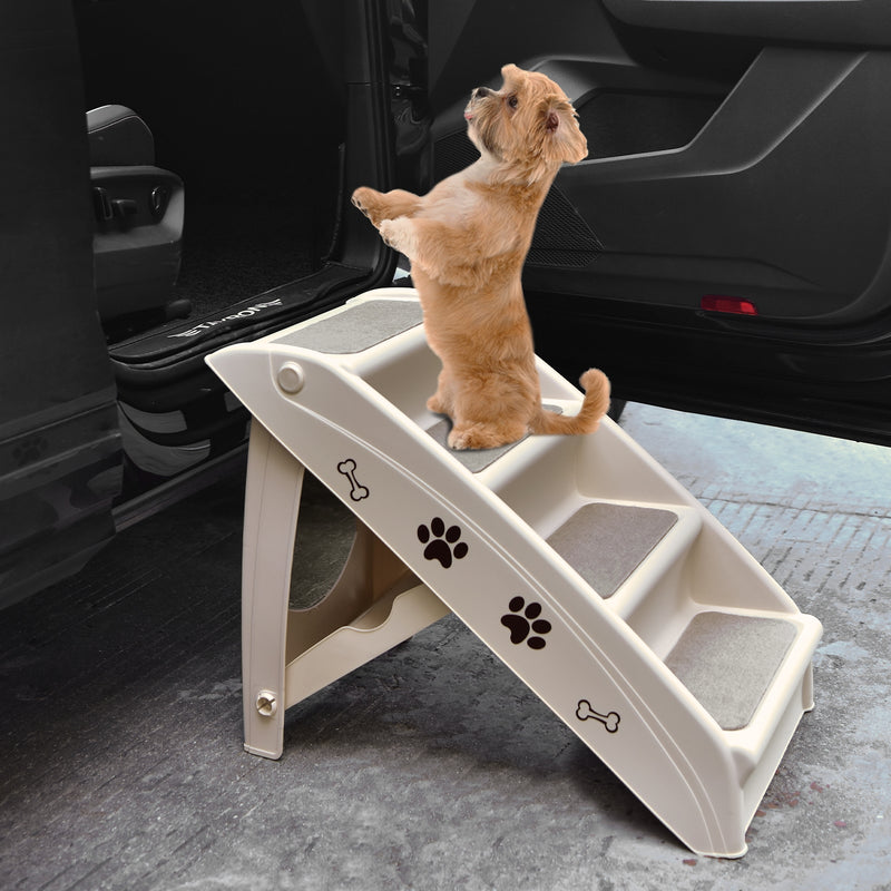 Collapsible Plastic Pet Stairs 4 Step Ladder for Small Dog and Cats-Beige