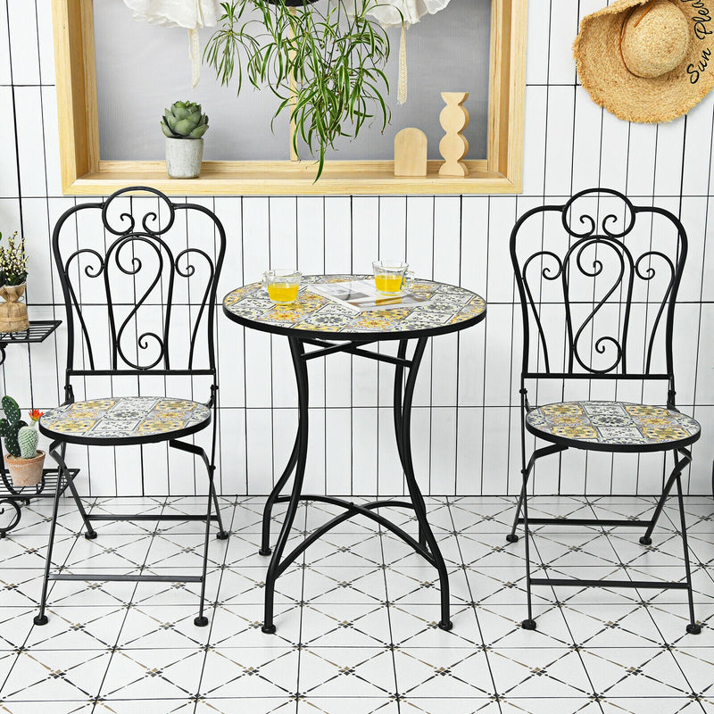 2-Pieces Mosaic Folding Bistro Chairs with Ceramic Tiles Seat