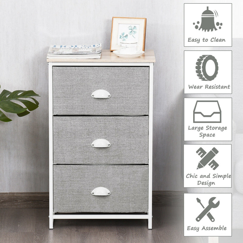 Nightstand Side Table Storage Tower Dresser Chest with 3 Drawers-Gray