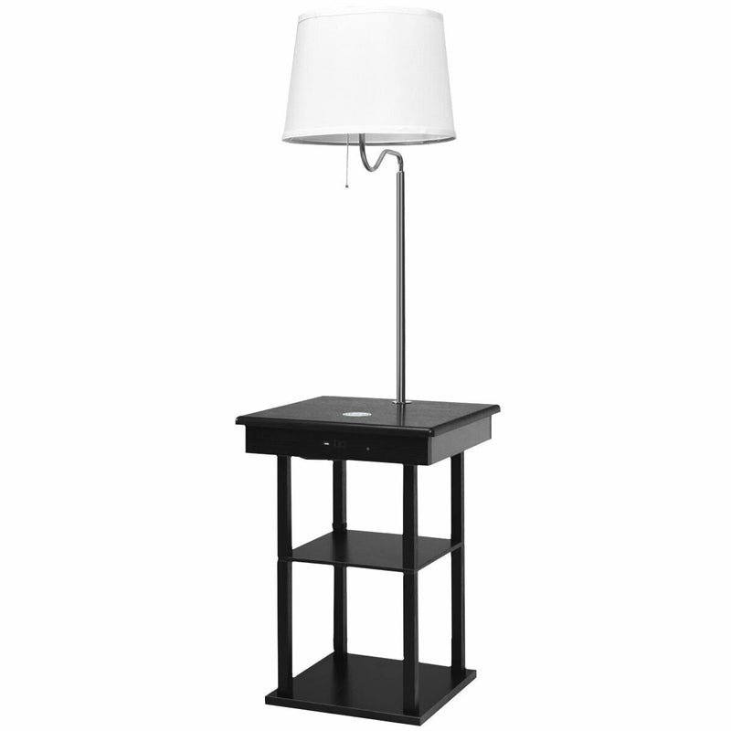 Floor Lamp Bedside Desk with USB Charging Ports Shelves-Black