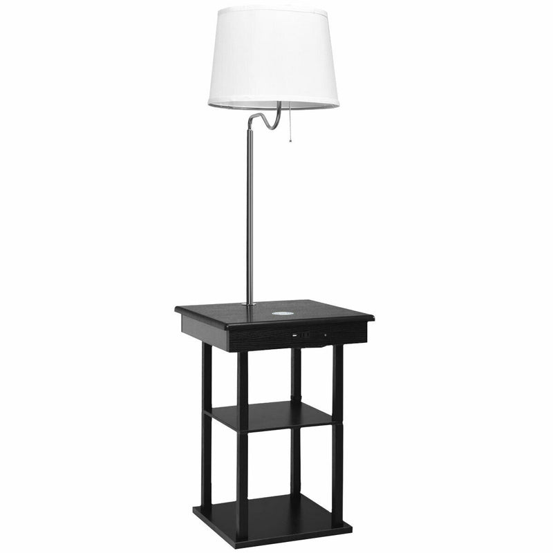 Floor Lamp Bedside Desk with USB Charging Ports Shelves-Black