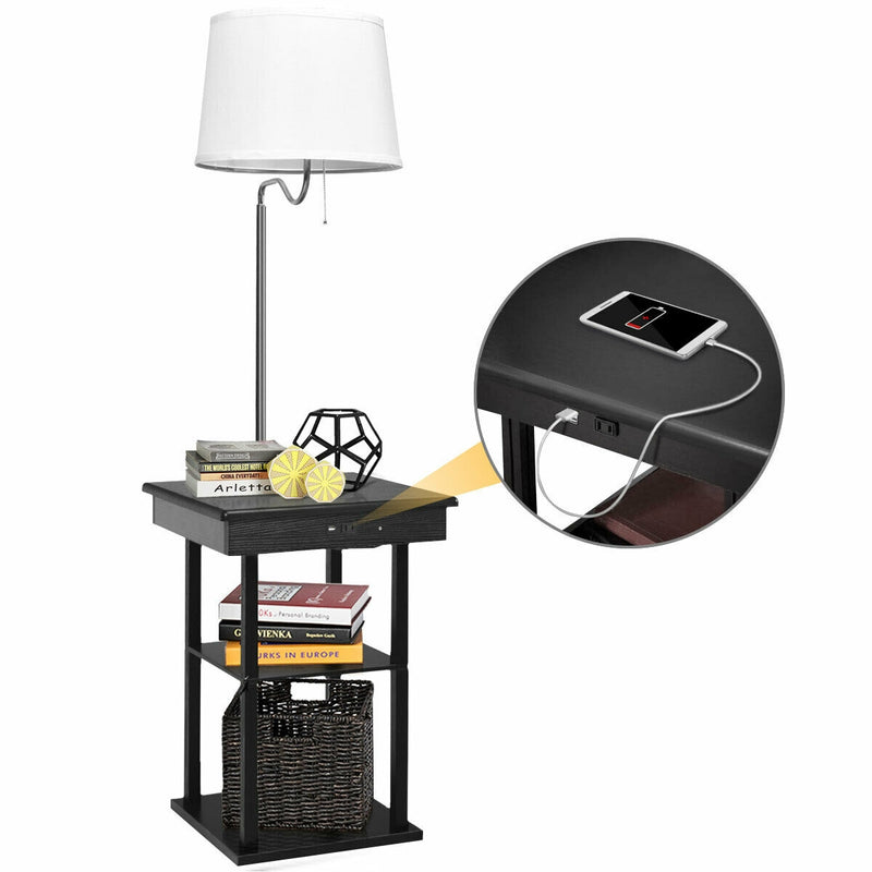 Floor Lamp Bedside Desk with USB Charging Ports Shelves-Black