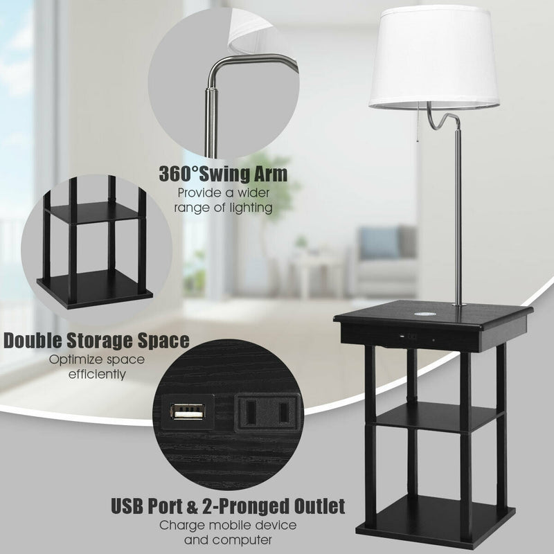 Floor Lamp Bedside Desk with USB Charging Ports Shelves-Black