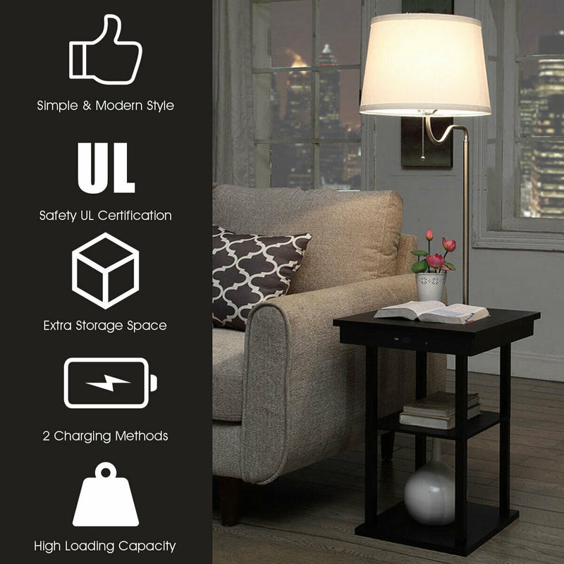 Floor Lamp Bedside Desk with USB Charging Ports Shelves-Black