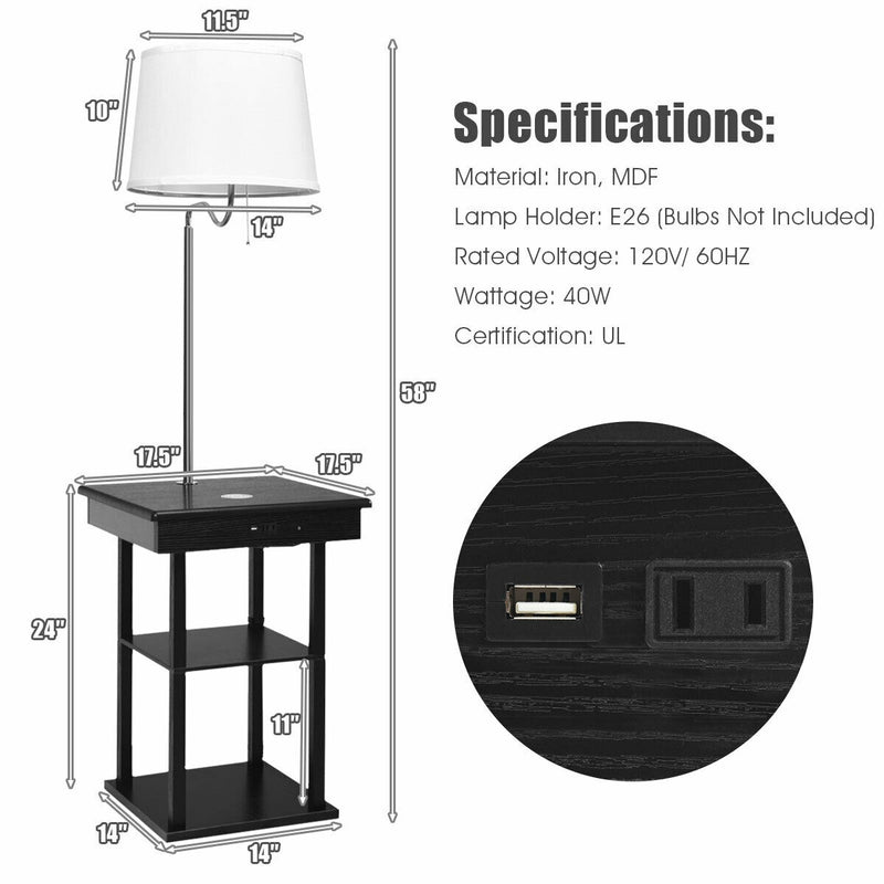 Floor Lamp Bedside Desk with USB Charging Ports Shelves-Black