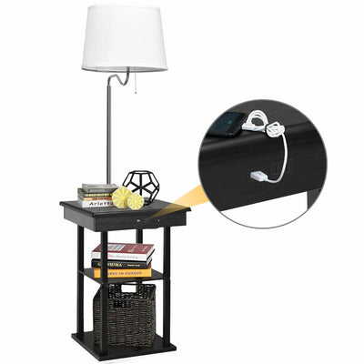 Floor Lamp Bedside Desk with USB Charging Ports Shelves-Black