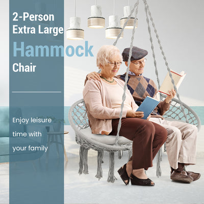 2 Person Hanging Hammock Chair with Cushion Macrame Swing-Gray