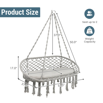 2 Person Hanging Hammock Chair with Cushion Macrame Swing-Gray