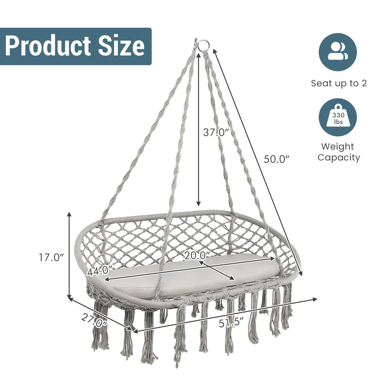 2 Person Hanging Hammock Chair with Cushion Macrame Swing-Gray