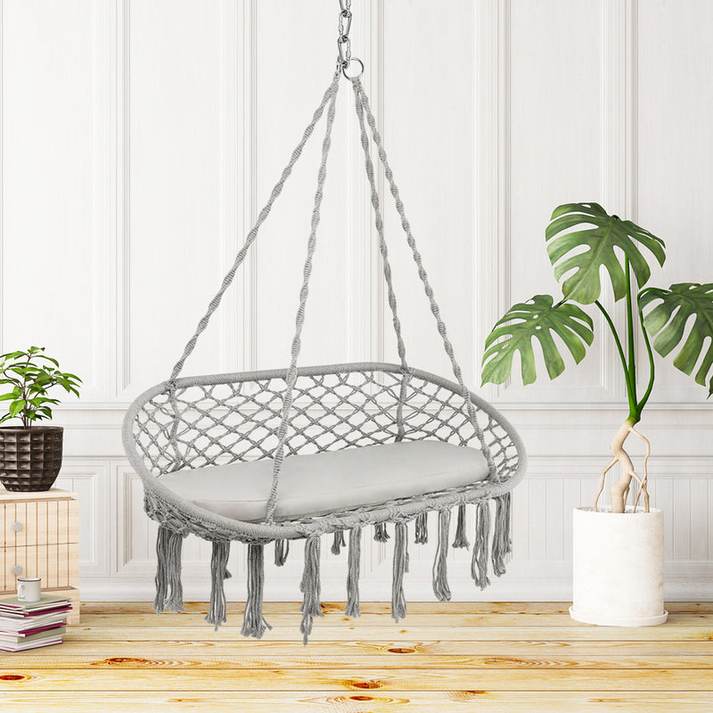 2 Person Hanging Hammock Chair with Cushion Macrame Swing-Gray