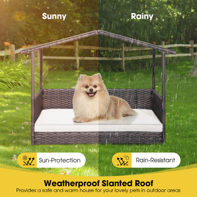 Outdoor Wicker Dog House with Weatherproof Roof-White