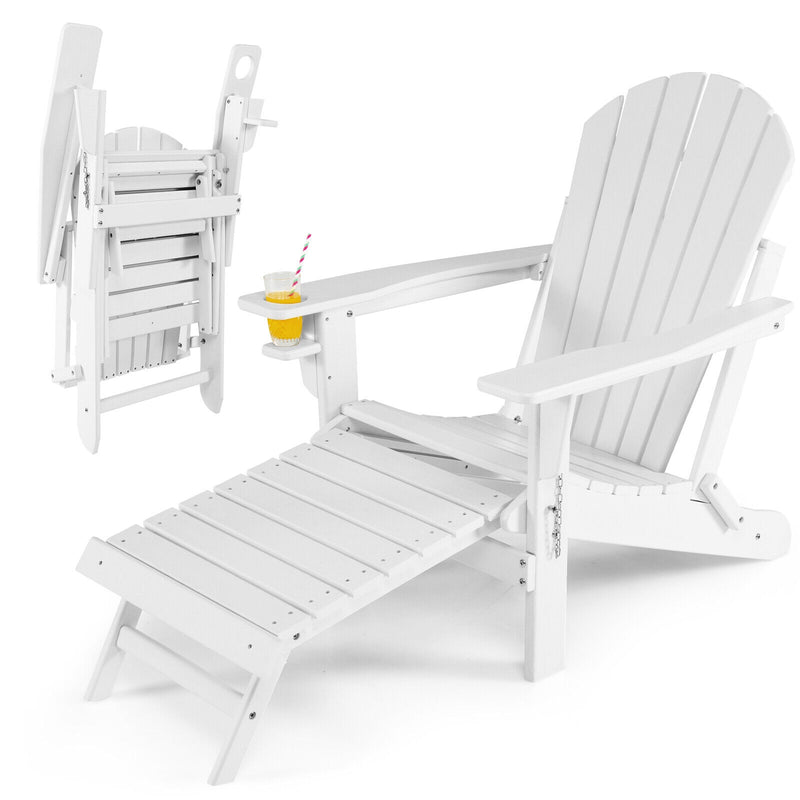 Patio All-Weather Folding Adirondack Chair with Pull-Out Ottoman-White