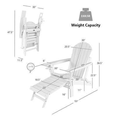 Patio All-Weather Folding Adirondack Chair with Pull-Out Ottoman-White