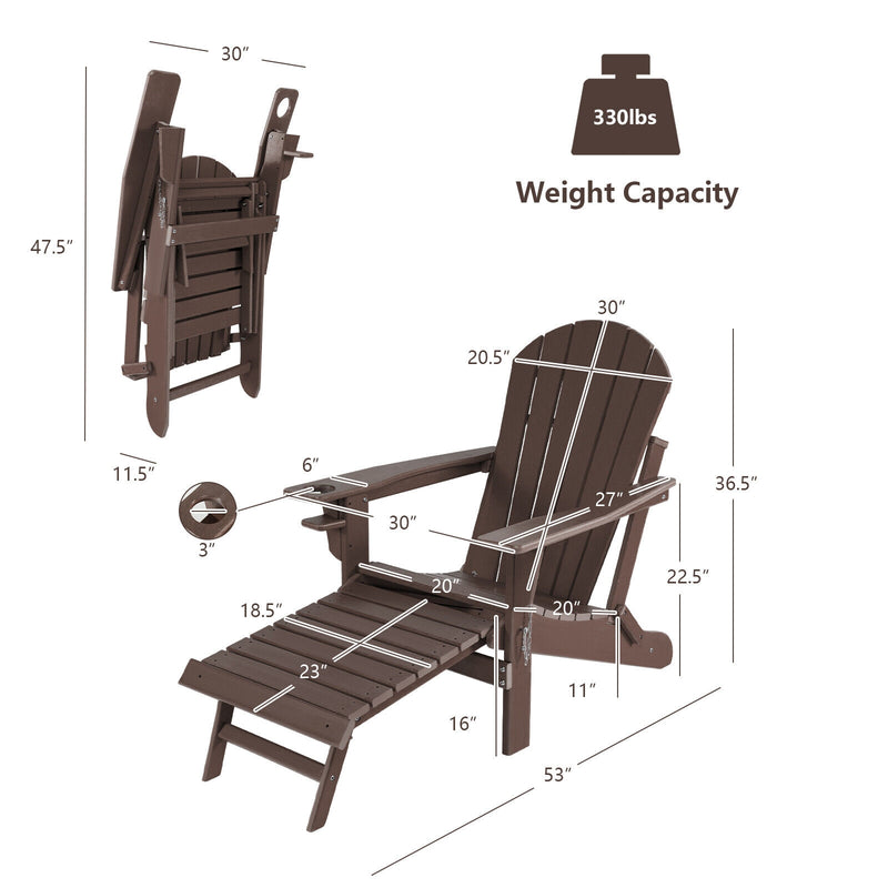 Patio All-Weather Folding Adirondack Chair with Pull-Out Ottoman-Coffee