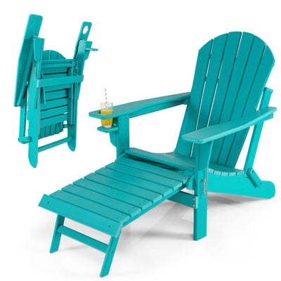 Patio All-Weather Folding Adirondack Chair with Pull-Out Ottoman-Turquoise