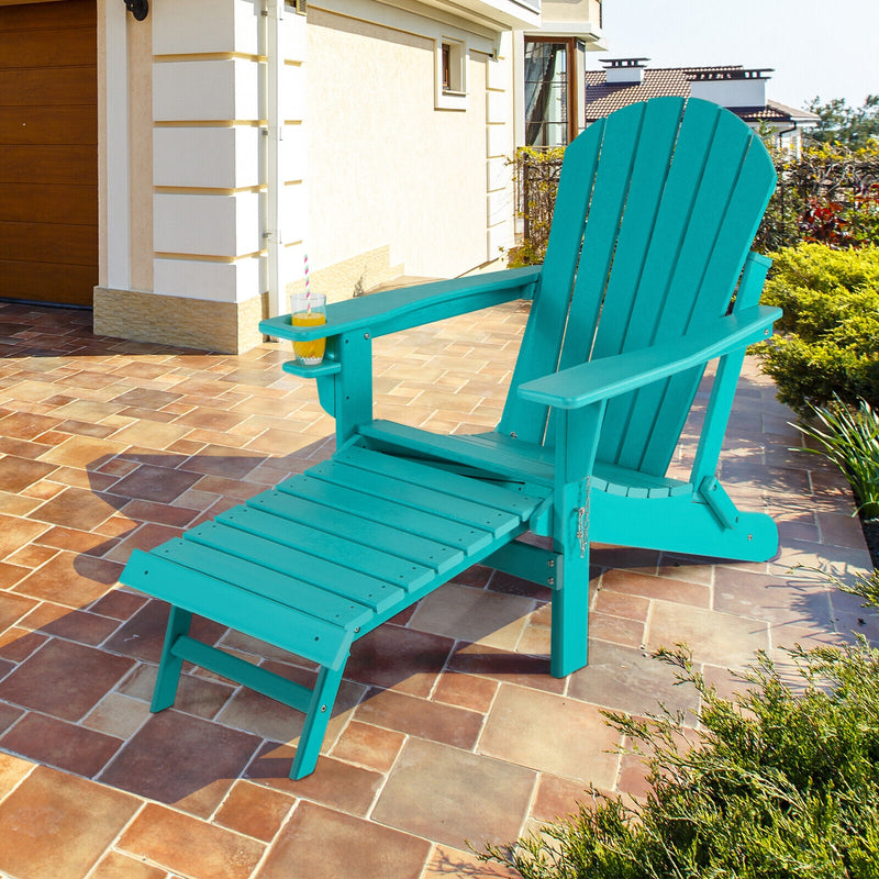 Patio All-Weather Folding Adirondack Chair with Pull-Out Ottoman-Turquoise