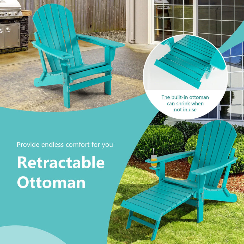 Patio All-Weather Folding Adirondack Chair with Pull-Out Ottoman-Turquoise