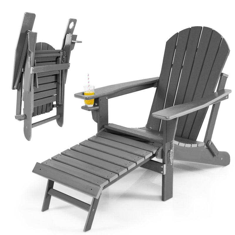 Patio All-Weather Folding Adirondack Chair with Pull-Out Ottoman-Gray