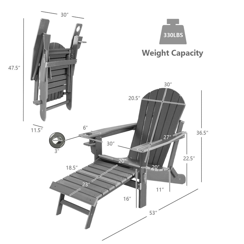 Patio All-Weather Folding Adirondack Chair with Pull-Out Ottoman-Gray