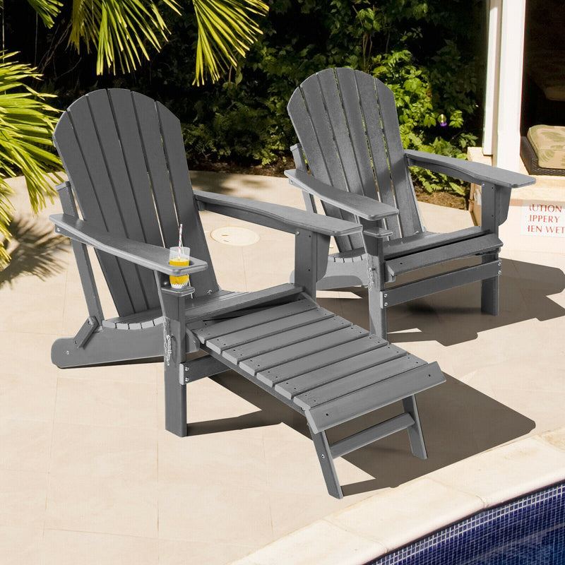 Patio All-Weather Folding Adirondack Chair with Pull-Out Ottoman-Gray