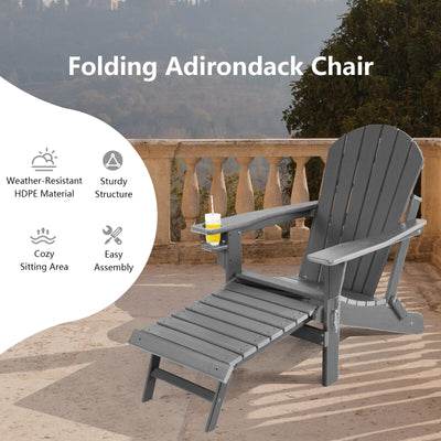 Patio All-Weather Folding Adirondack Chair with Pull-Out Ottoman-Gray