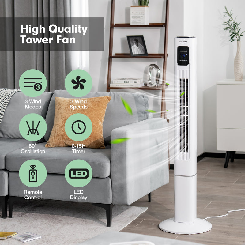 Portable 48 Inch Oscillating Standing Bladeless Tower Fans with 3 Speeds Remote Control-White