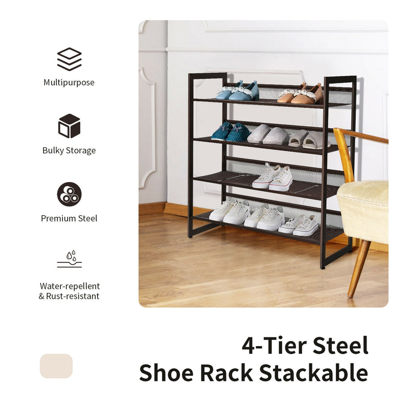 2/3/4 Tiers Flat and Slant Metal Shoe Rack for Entryway Hallway-4-Tier