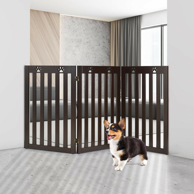 36 Inch Folding Wooden Freestanding Pet Gate Dog Gate with 360° Flexible Hinge-Dark Brown