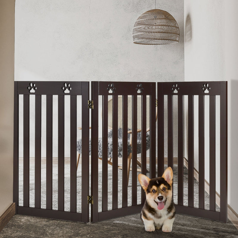 36 Inch Folding Wooden Freestanding Pet Gate Dog Gate with 360° Flexible Hinge-Dark Brown