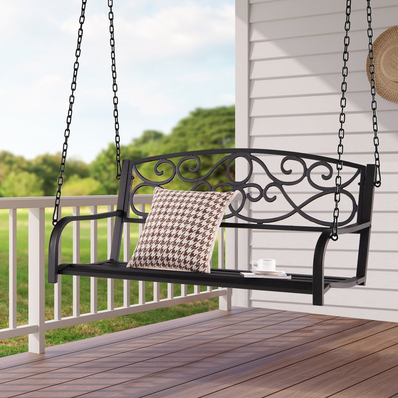 Outdoor 2-Person Metal Porch Swing Chair with Chains-Brown