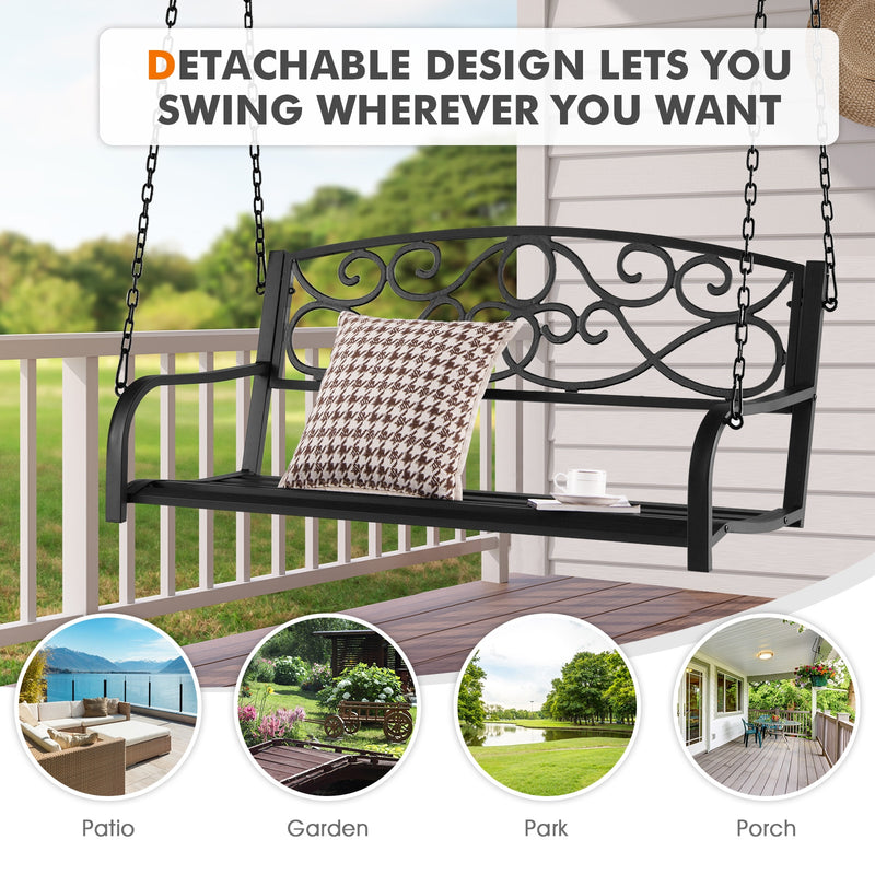 Outdoor 2-Person Metal Porch Swing Chair with Chains-Black