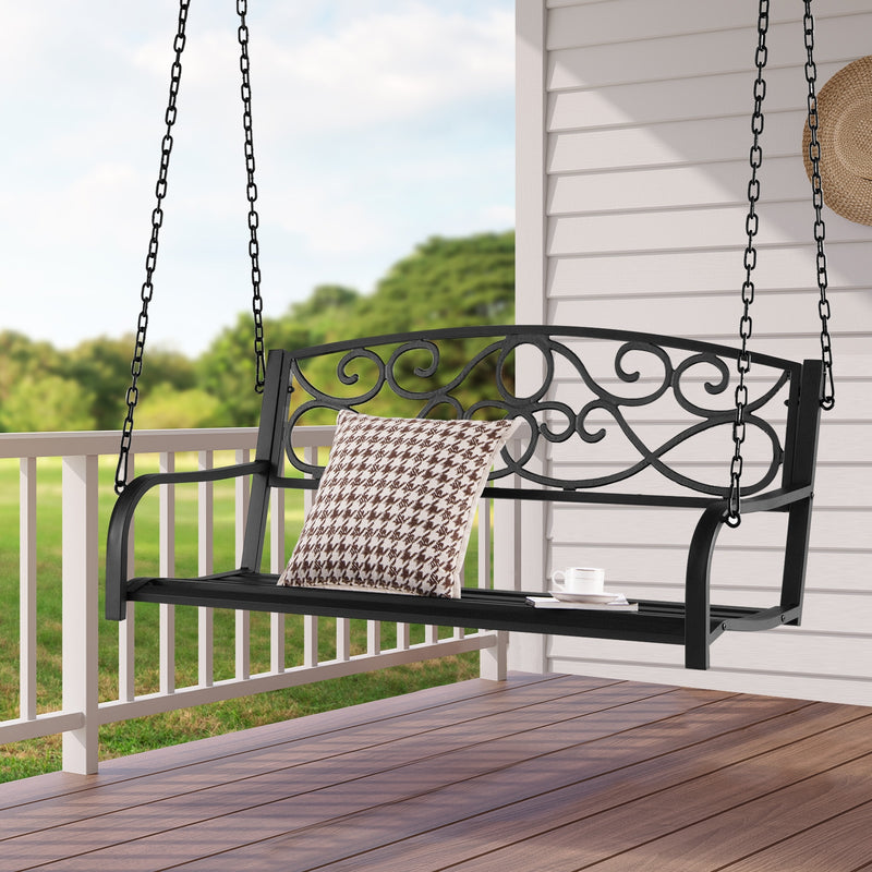 Outdoor 2-Person Metal Porch Swing Chair with Chains-Black