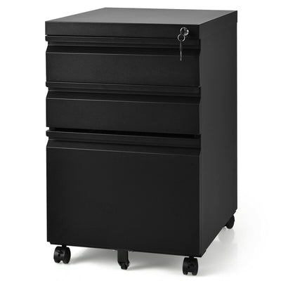 3-Drawer Mobile File Cabinet Stee with Lock-Black