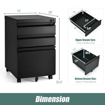 3-Drawer Mobile File Cabinet Stee with Lock-Black