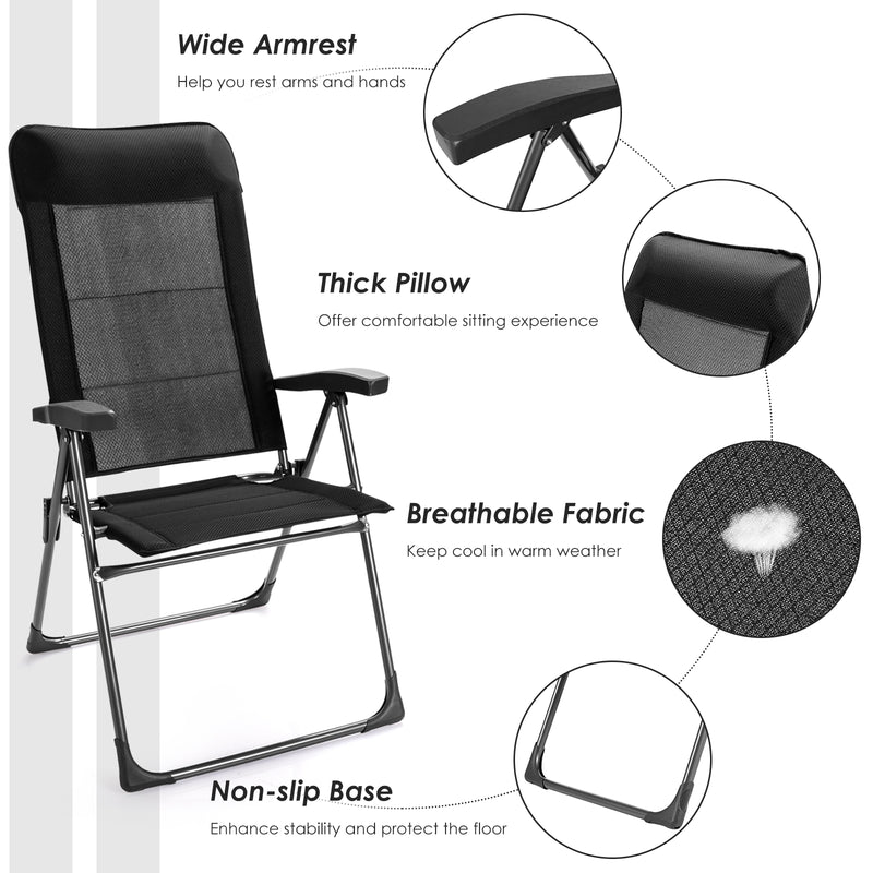 2 Pieces Portable Patio Folding Dining Chairs with Headrest Adjust for Camping -Black