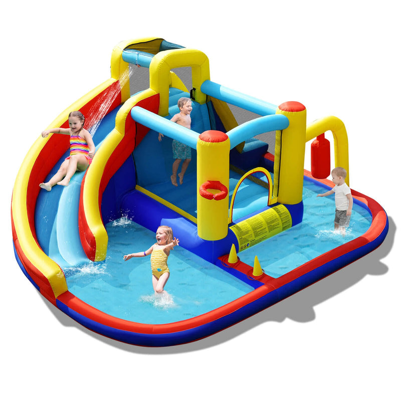 7-in-1 Inflatable Water Slide Bounce Castle with Splash Pool and Climbing Wall without Blower