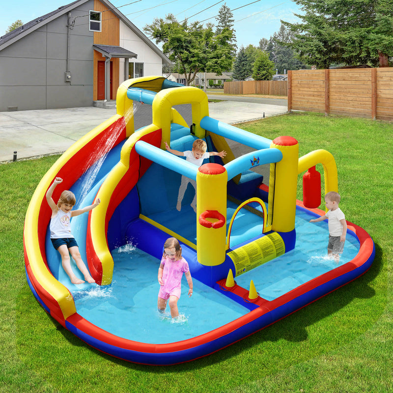 7-in-1 Inflatable Water Slide Bounce Castle with Splash Pool and Climbing Wall without Blower