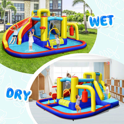 7-in-1 Inflatable Water Slide Bounce Castle with Splash Pool and Climbing Wall without Blower