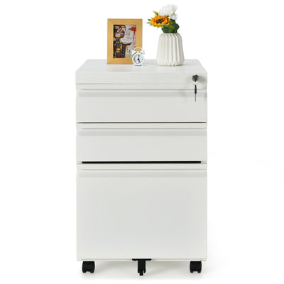 3-Drawer Mobile File Cabinet Stee with Lock-White