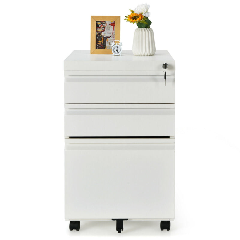 3-Drawer Mobile File Cabinet Stee with Lock-White