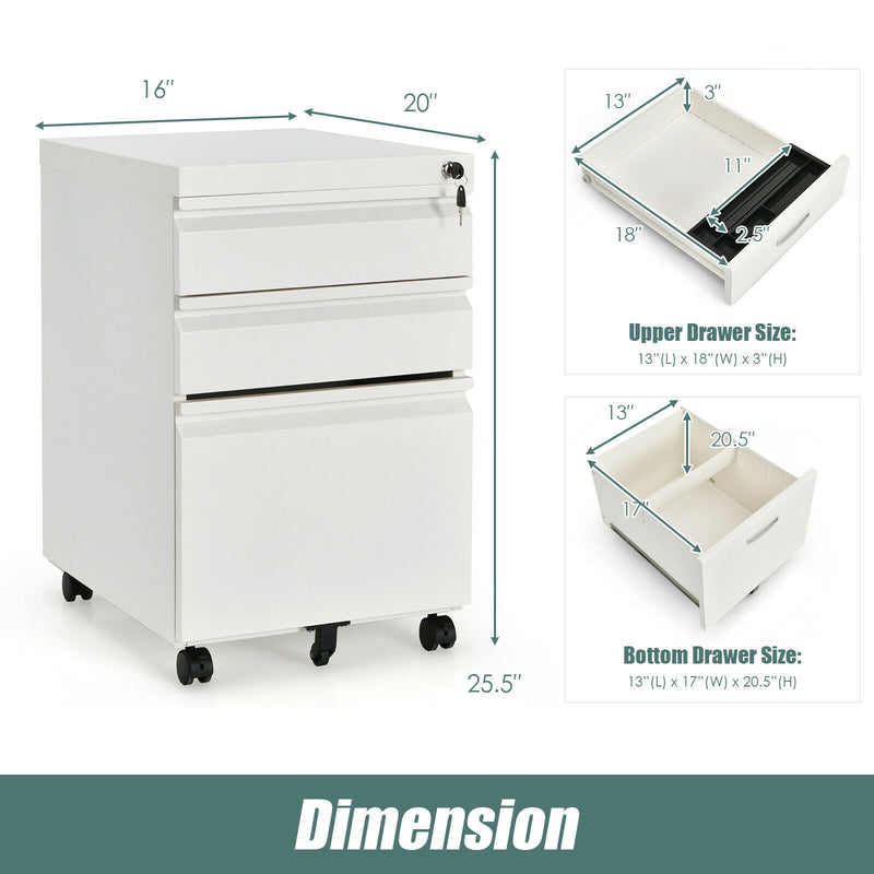 3-Drawer Mobile File Cabinet Stee with Lock-White