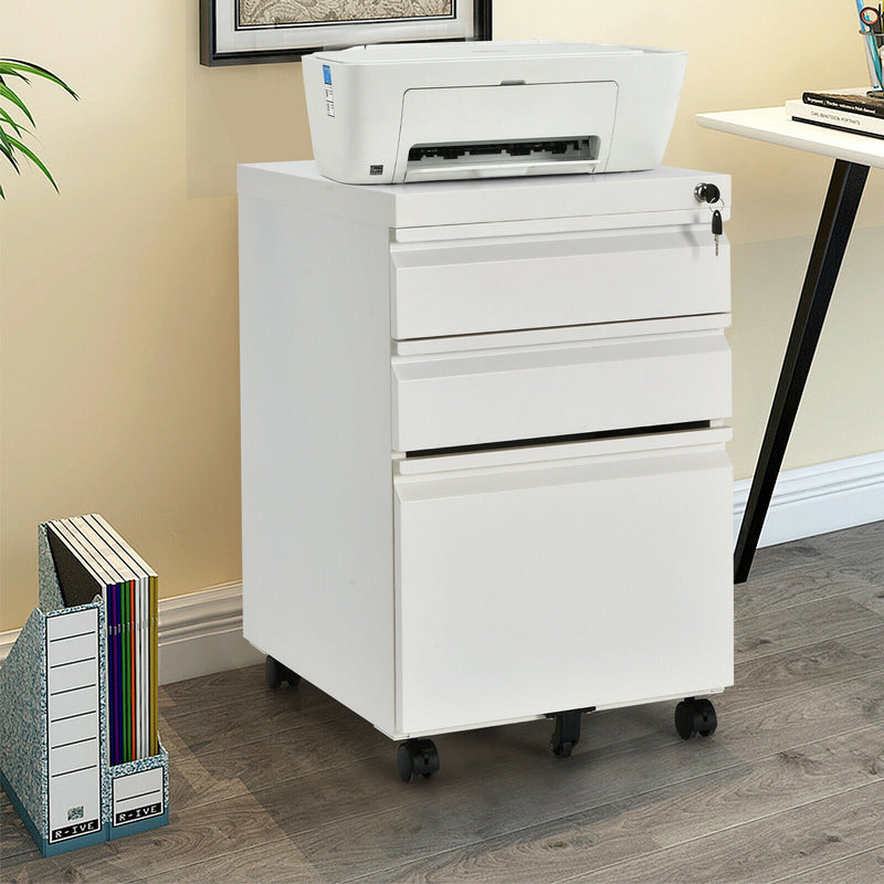 3-Drawer Mobile File Cabinet Stee with Lock-White