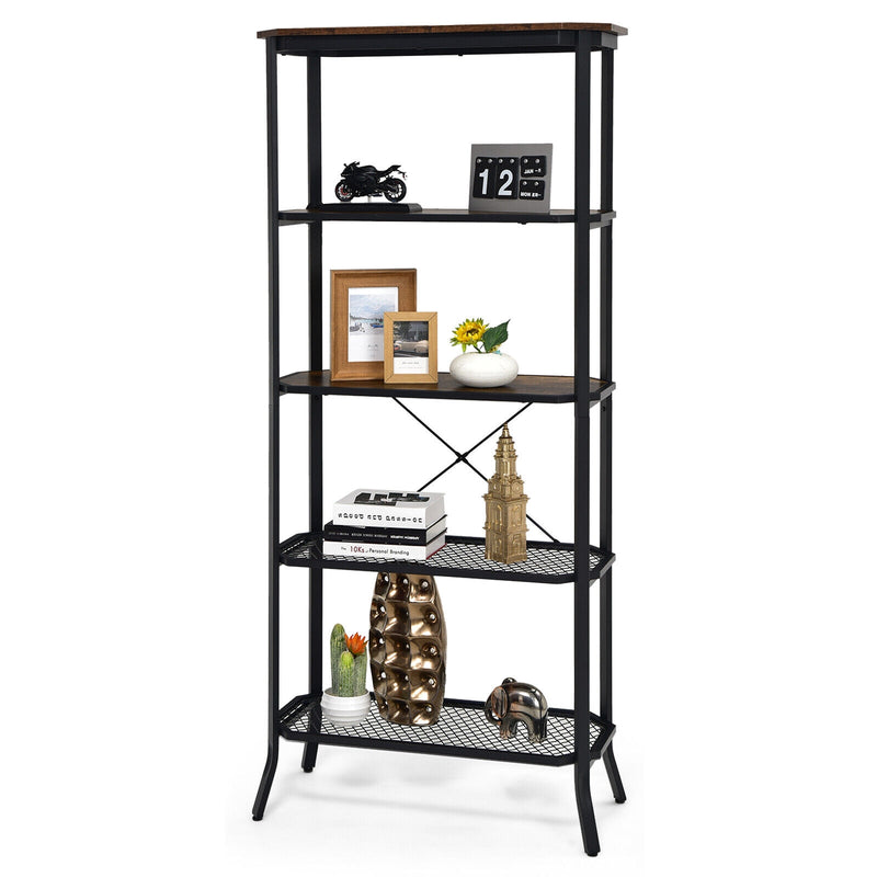 Industrial 5-Layer Bookshelf with Out-Stretched Legs-Rustic Brown