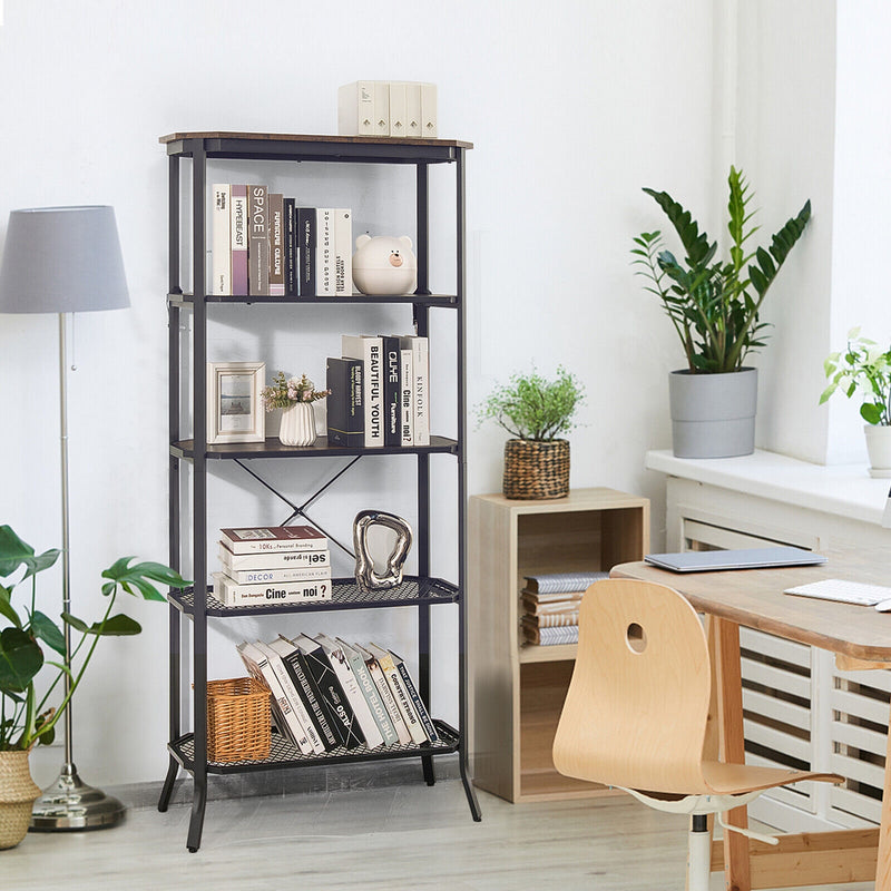 Industrial 5-Layer Bookshelf with Out-Stretched Legs-Rustic Brown