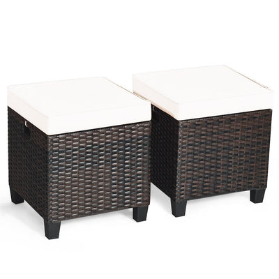 2 Pieces Patio Rattan Ottoman Cushioned Seat-Beige