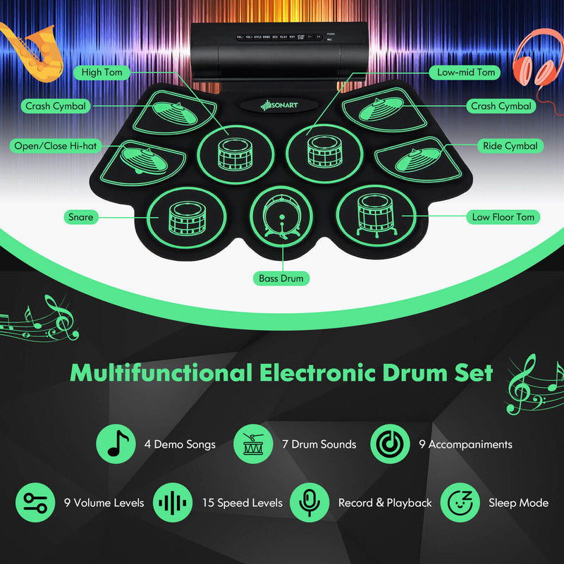 Electronic Drum Set with 2 Build-in Stereo Speakers for Kids-Green