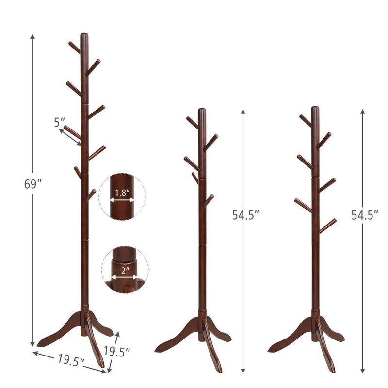 Adjustable Wooden Tree Coat Rack with 8 Hooks-Brown