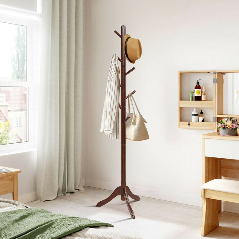 Adjustable Wooden Tree Coat Rack with 8 Hooks-Brown