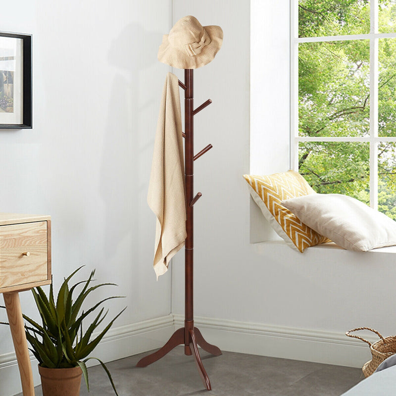 Adjustable Wooden Tree Coat Rack with 8 Hooks-Brown